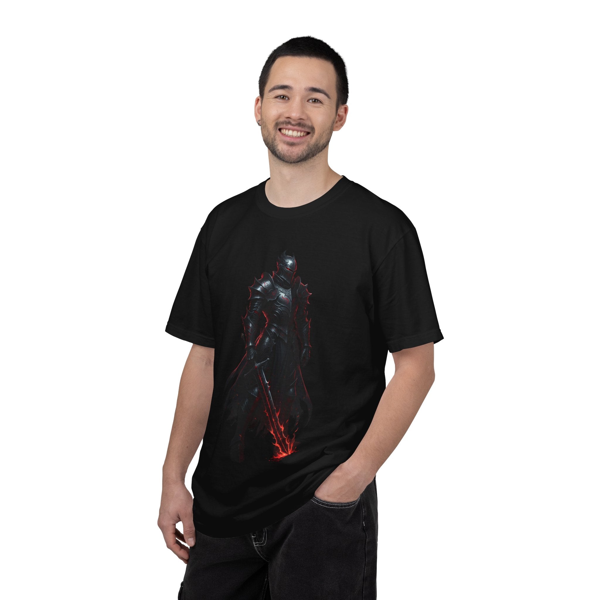 Dark Knight Fantasy T-Shirt — Armored Warrior with Flaming Sword