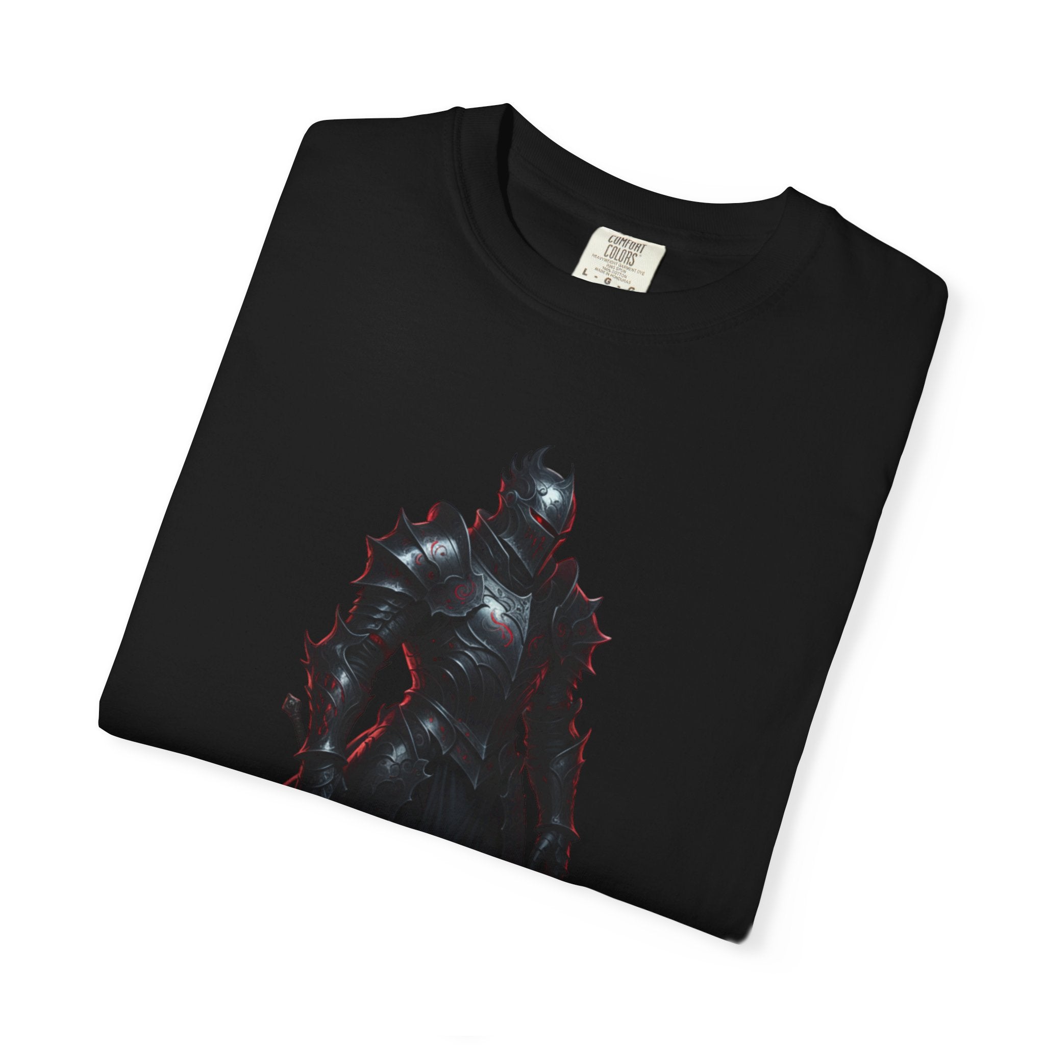 Dark Knight Fantasy T-Shirt — Armored Warrior with Flaming Sword