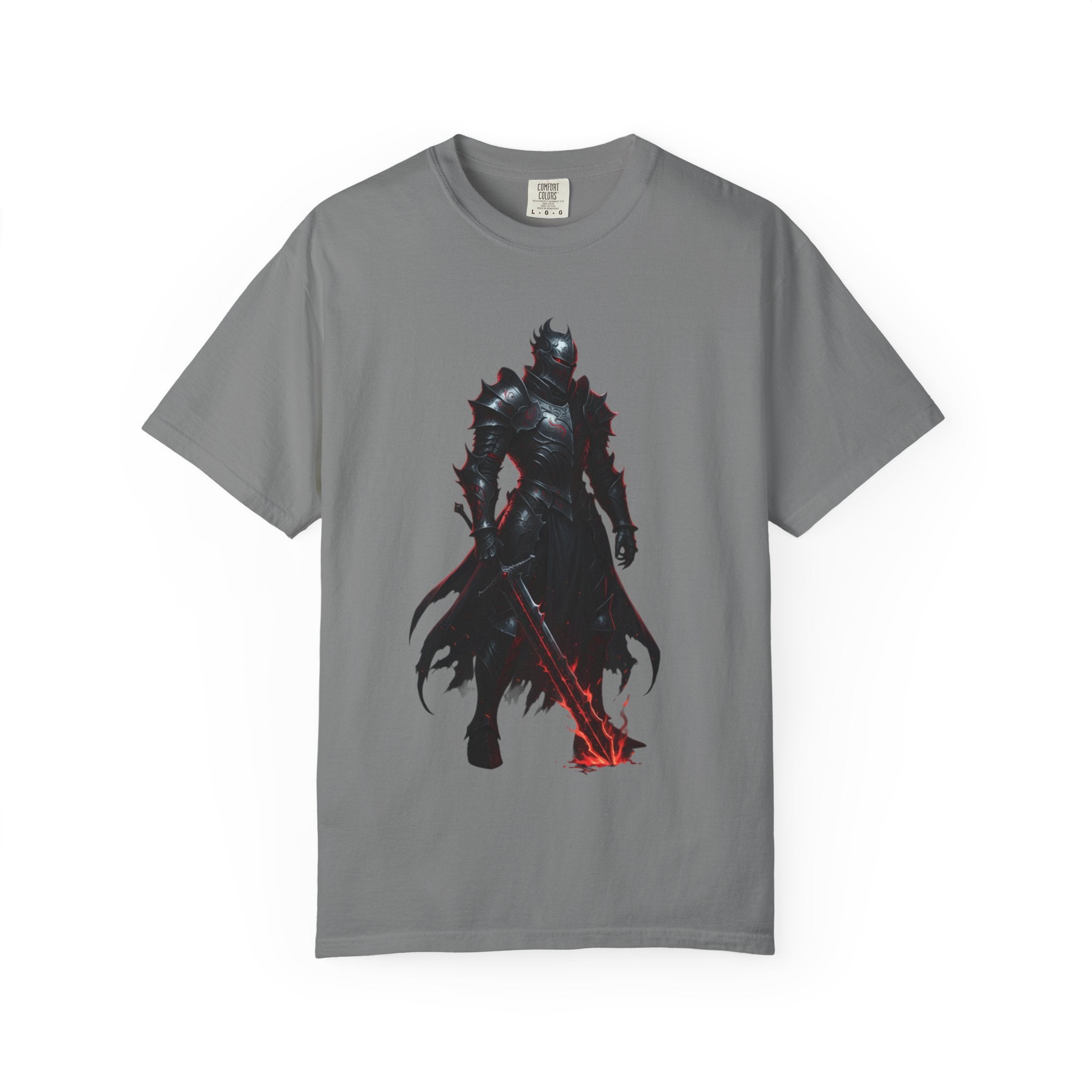 Dark Knight Fantasy T-Shirt — Armored Warrior with Flaming Sword