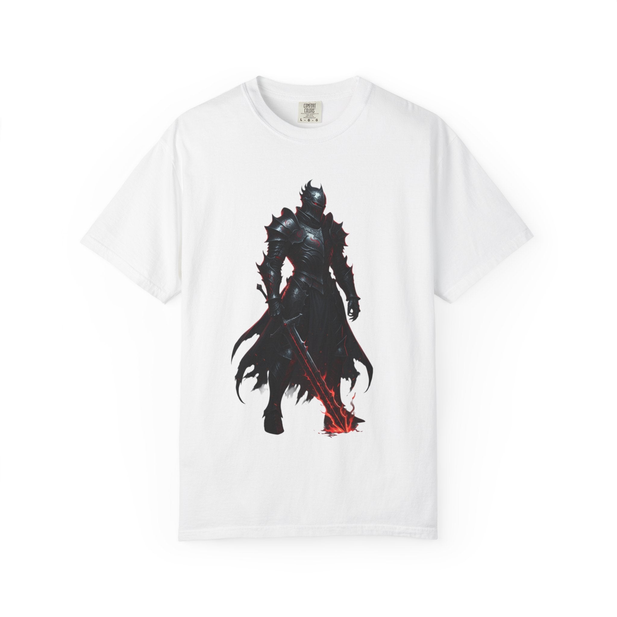 Dark Knight Fantasy T-Shirt — Armored Warrior with Flaming Sword